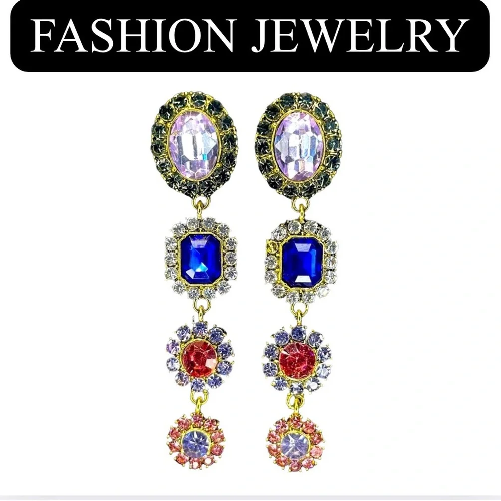 5J: Victorian Style Dangling White, Blue, & Pink Rhinestone Earrings, NIB